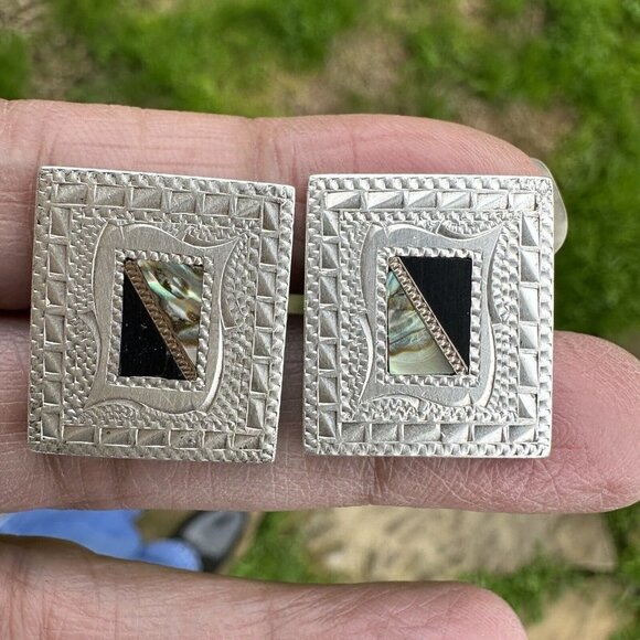 VTG Art Deco Cufflinks 0.75" Inlaid Abalone Shell Black Onyx 925‎ Sterling 21.1g - Picture 1 of 8